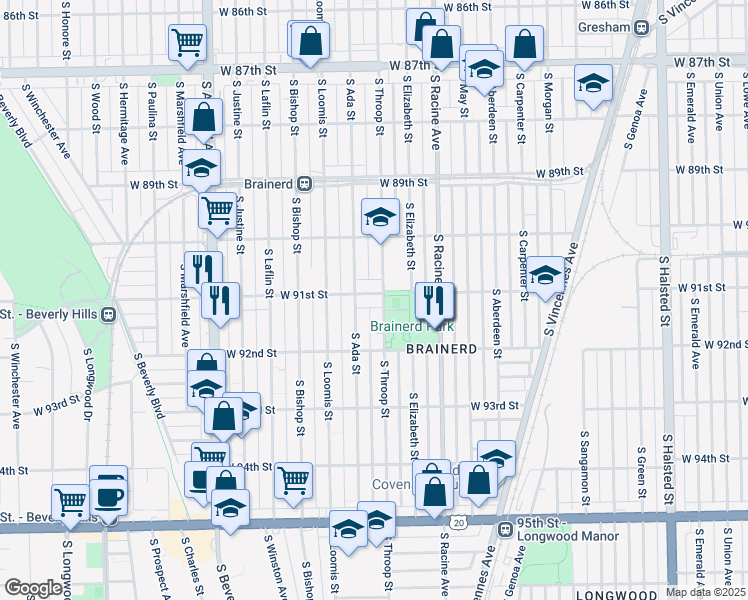 map of restaurants, bars, coffee shops, grocery stores, and more near 1307 West 91st Street in Chicago