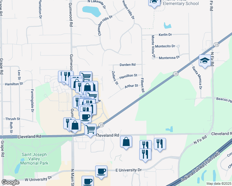 map of restaurants, bars, coffee shops, grocery stores, and more near 15755 Arthur Street in Granger