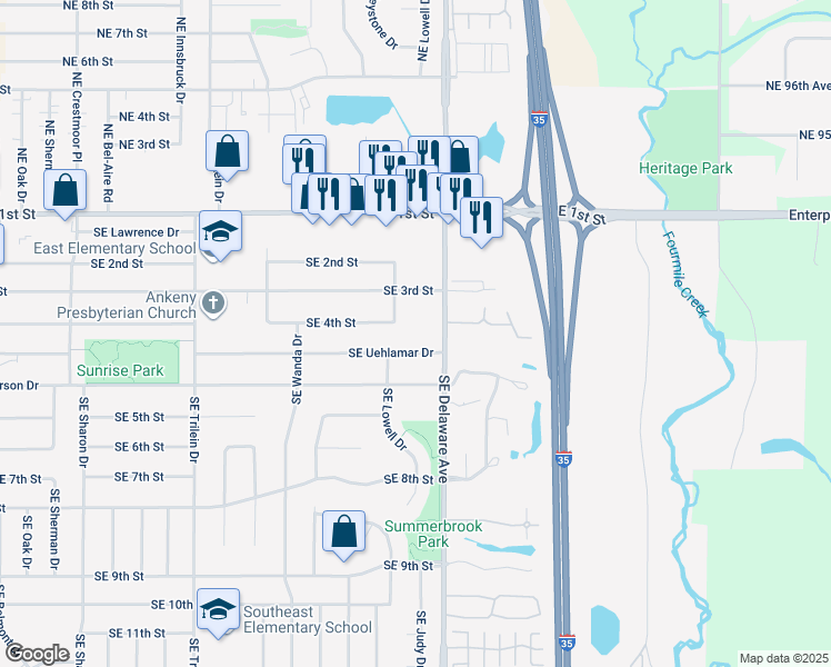 map of restaurants, bars, coffee shops, grocery stores, and more near 340 Southeast Delaware Avenue in Ankeny