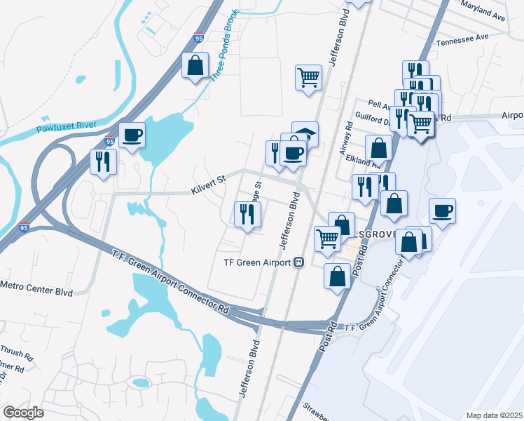 map of restaurants, bars, coffee shops, grocery stores, and more near 19 Marvin Street in Warwick