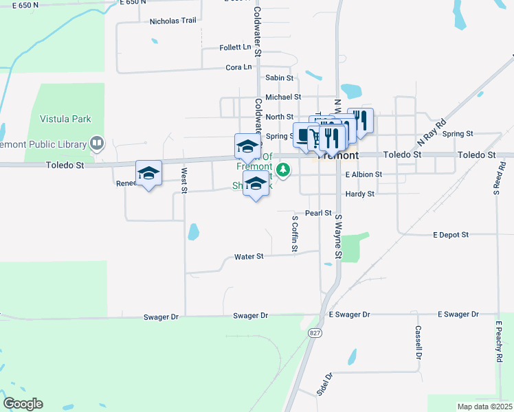 map of restaurants, bars, coffee shops, grocery stores, and more near 701 Toledo Street in Fremont