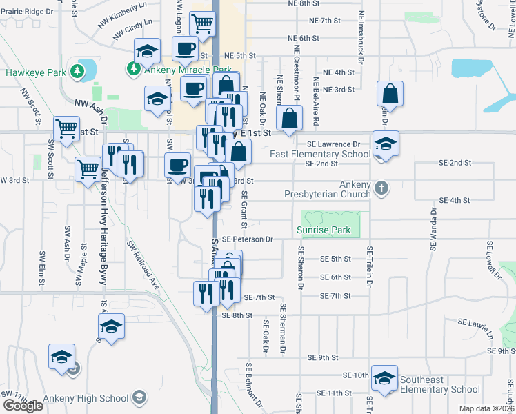 map of restaurants, bars, coffee shops, grocery stores, and more near 301 Southeast 4th Street in Ankeny