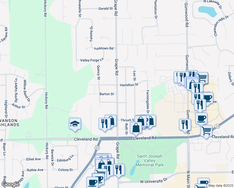 map of restaurants, bars, coffee shops, grocery stores, and more near 16501 Barton Street in Granger