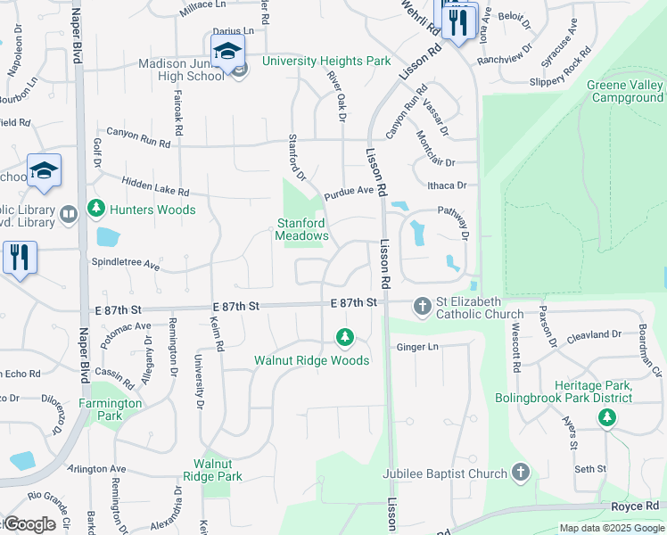 map of restaurants, bars, coffee shops, grocery stores, and more near 2043 University Drive in Naperville