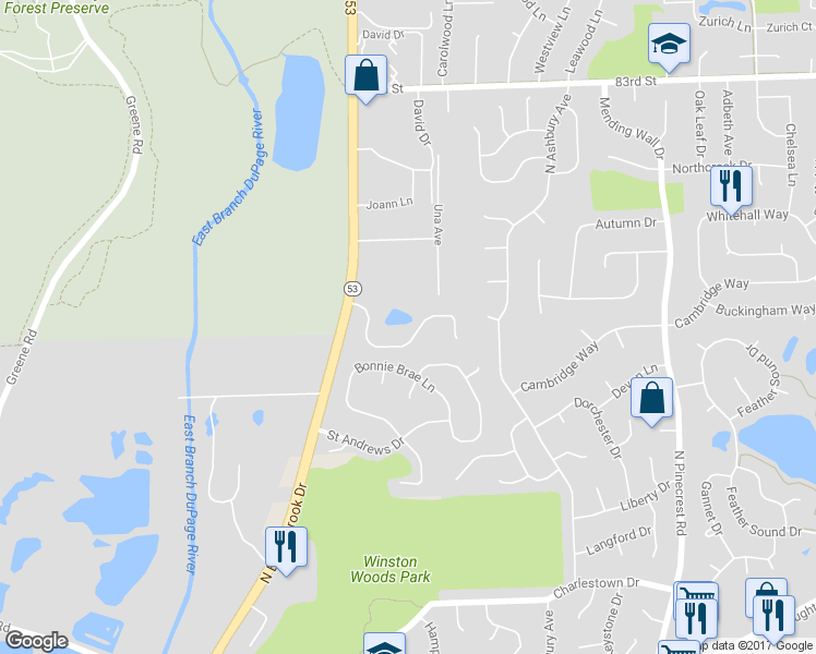 map of restaurants, bars, coffee shops, grocery stores, and more near 3228 Justamere Road in Woodridge