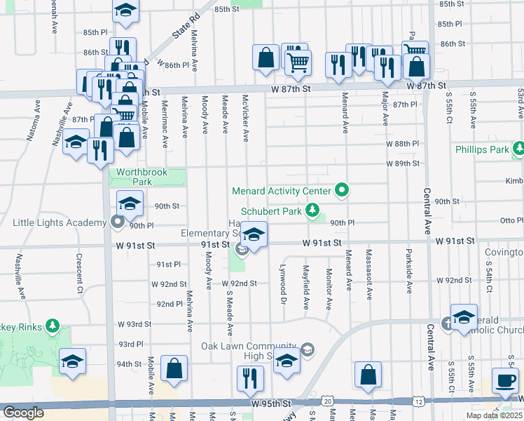 map of restaurants, bars, coffee shops, grocery stores, and more near 9006 Austin Avenue in Oak Lawn