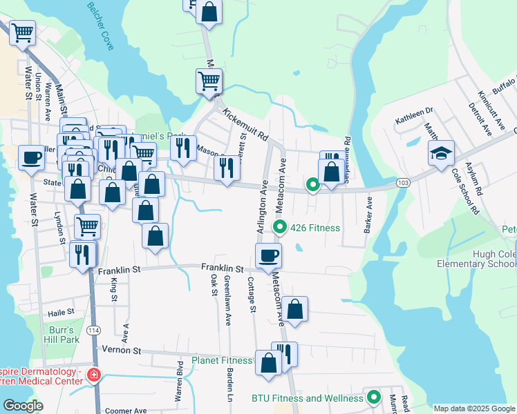 map of restaurants, bars, coffee shops, grocery stores, and more near 87 Arlington Avenue in Warren