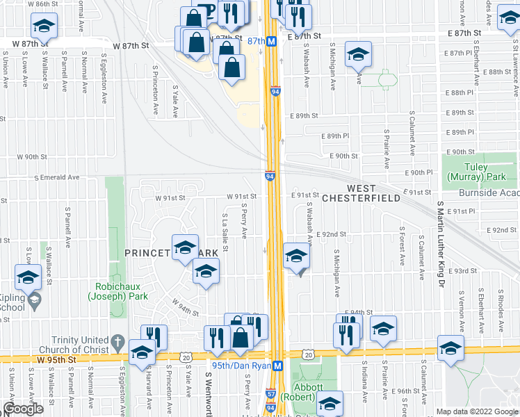 map of restaurants, bars, coffee shops, grocery stores, and more near 9118 South Lafayette Avenue in Chicago