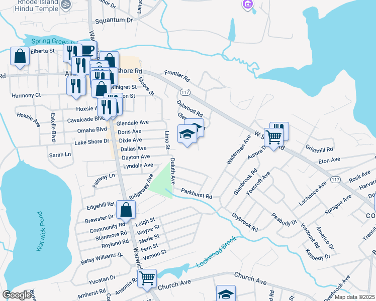 map of restaurants, bars, coffee shops, grocery stores, and more near 55 Glenwood Drive in Warwick