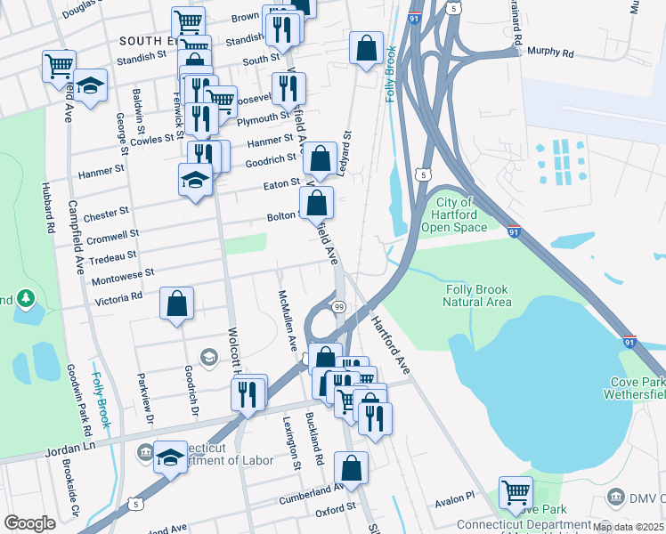 map of restaurants, bars, coffee shops, grocery stores, and more near 17 Victoria Road in Hartford