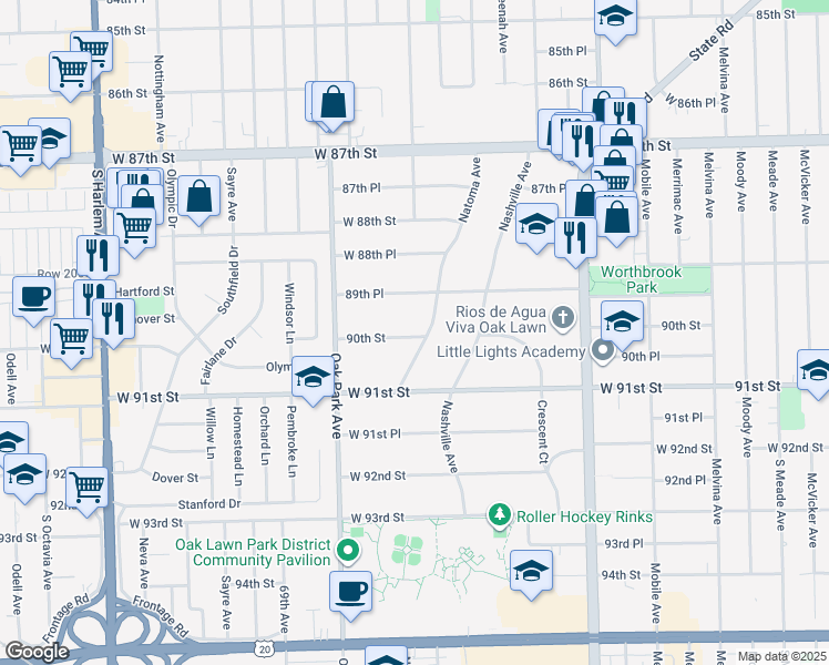 map of restaurants, bars, coffee shops, grocery stores, and more near 6706 1/2 West 90th Street in Oak Lawn