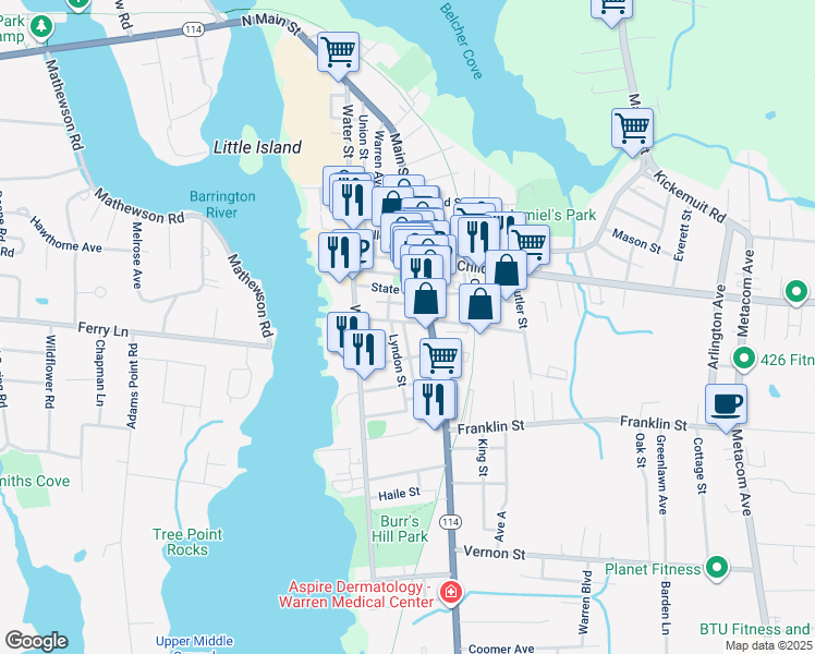 map of restaurants, bars, coffee shops, grocery stores, and more near 18 Washington Street in Warren