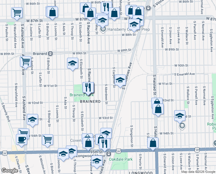 map of restaurants, bars, coffee shops, grocery stores, and more near 9105 South Aberdeen Street in Chicago
