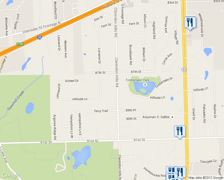 map of restaurants, bars, coffee shops, grocery stores, and more near 10S106 Clarendon Hills Road in Willowbrook