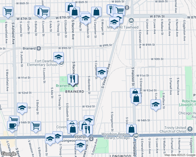 map of restaurants, bars, coffee shops, grocery stores, and more near 9105 South Carpenter Street in Chicago
