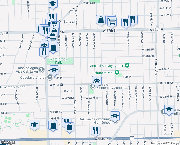 map of restaurants, bars, coffee shops, grocery stores, and more near 9007 Meade Ave in Oak Lawn