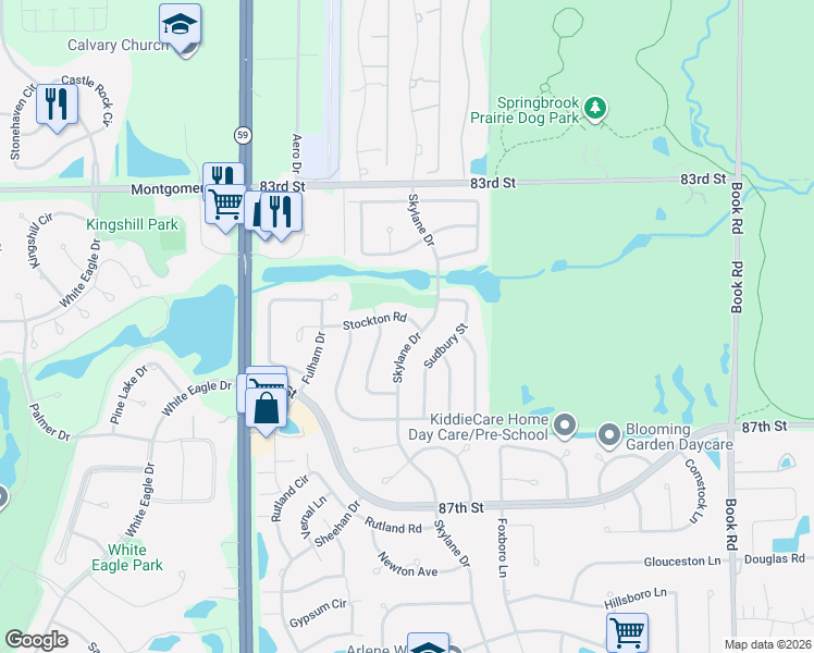 map of restaurants, bars, coffee shops, grocery stores, and more near 2720 Stockton Road in Naperville