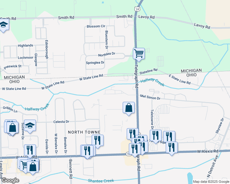 map of restaurants, bars, coffee shops, grocery stores, and more near 6125 Telegraph Road in Toledo