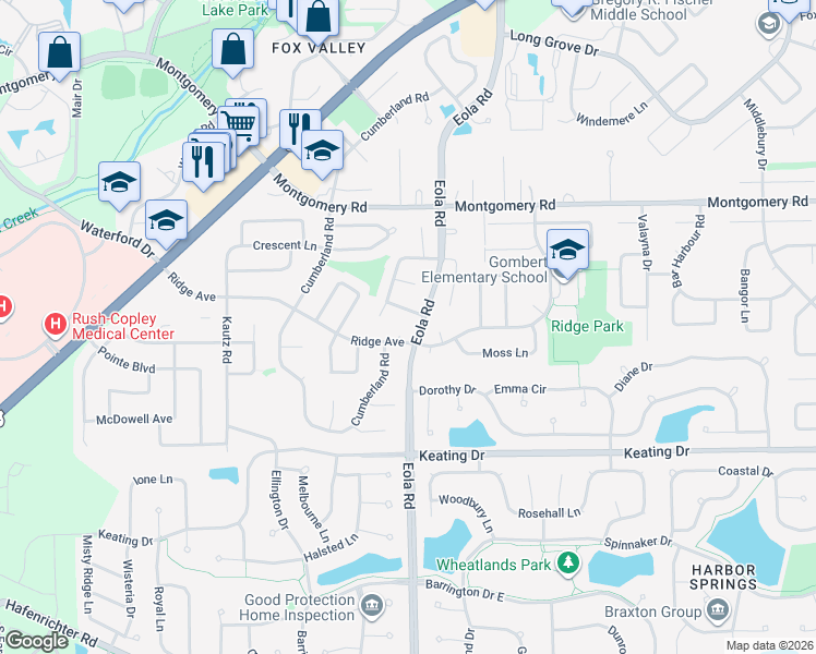 map of restaurants, bars, coffee shops, grocery stores, and more near 2470 Ridge Avenue in Aurora
