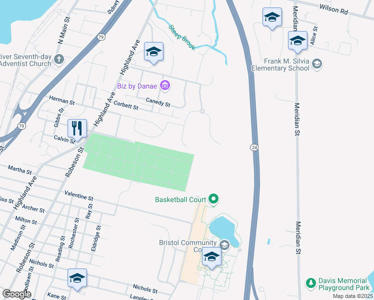 map of restaurants, bars, coffee shops, grocery stores, and more near 8 Lucille Lane in Fall River