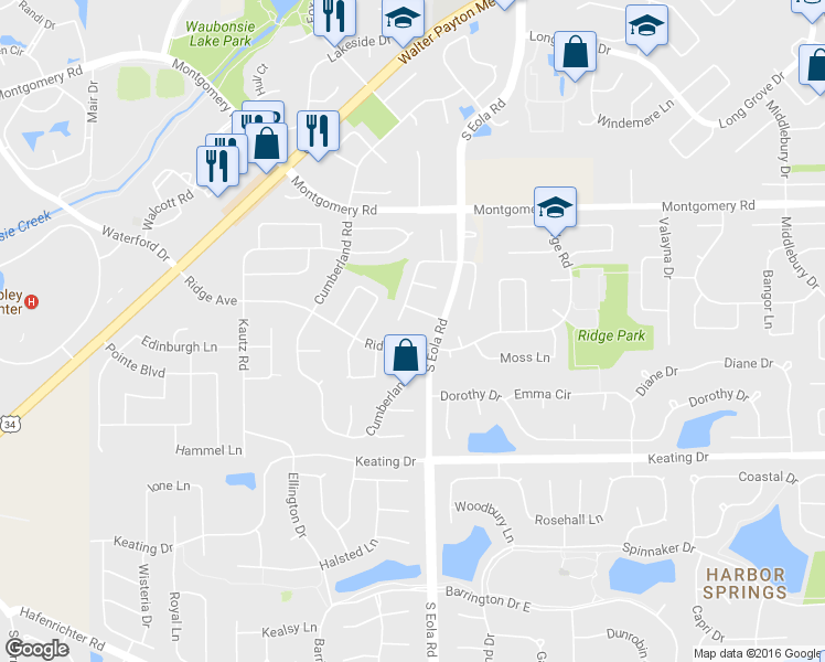 map of restaurants, bars, coffee shops, grocery stores, and more near 2470 Ridge Avenue in Aurora