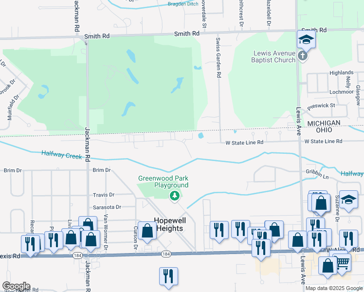 map of restaurants, bars, coffee shops, grocery stores, and more near 1333 Brooke Park Drive in Toledo
