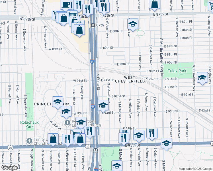 map of restaurants, bars, coffee shops, grocery stores, and more near 9101 South Urban Avenue in Chicago
