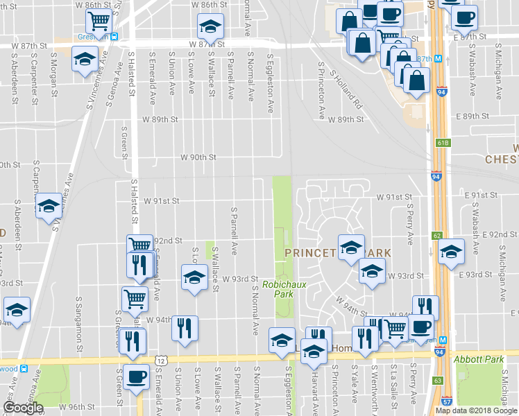 map of restaurants, bars, coffee shops, grocery stores, and more near 9111 South Normal Avenue in Chicago