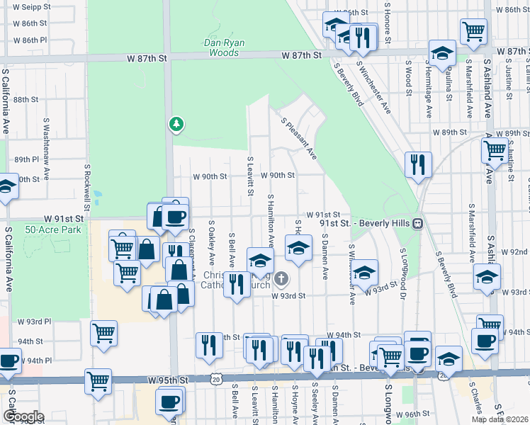 map of restaurants, bars, coffee shops, grocery stores, and more near 9058 South Hamilton Avenue in Chicago
