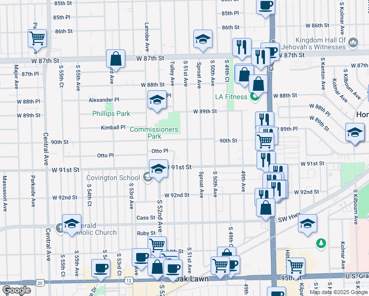 map of restaurants, bars, coffee shops, grocery stores, and more near 9012 South 51st Avenue in Oak Lawn