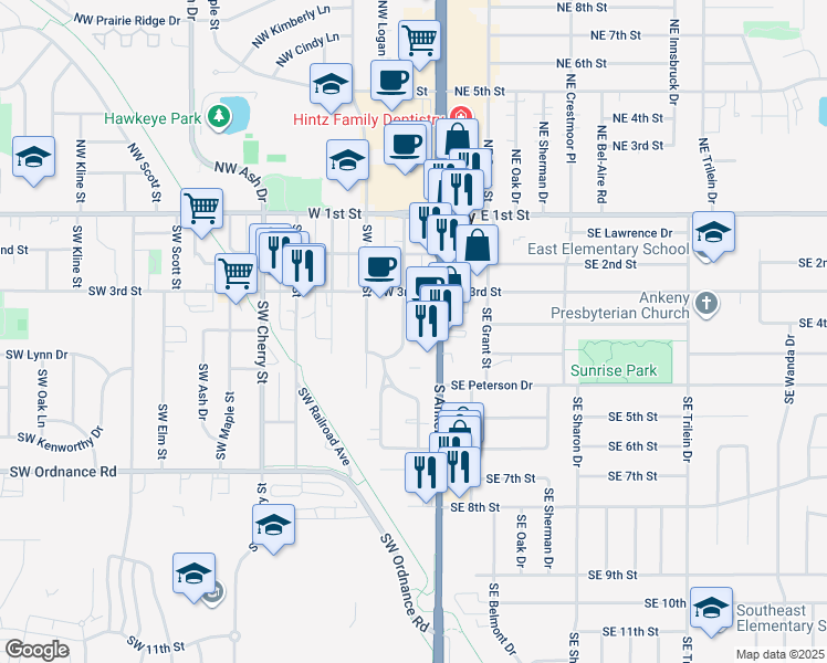 map of restaurants, bars, coffee shops, grocery stores, and more near 321 Southwest Logan Street in Ankeny