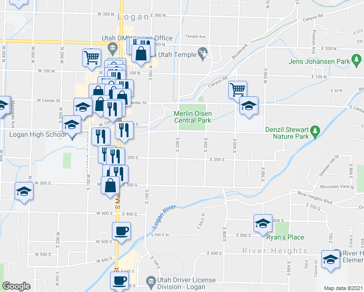 map of restaurants, bars, coffee shops, grocery stores, and more near 150 South 200 East in Logan