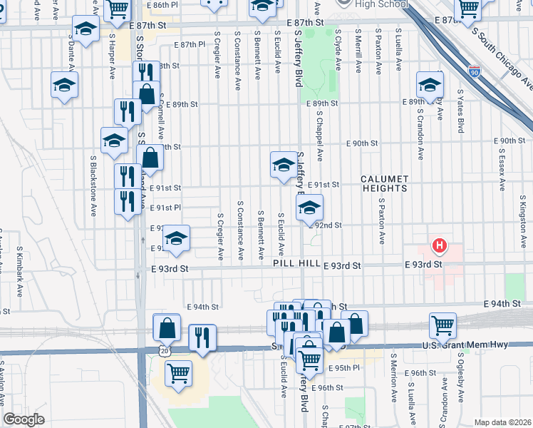 map of restaurants, bars, coffee shops, grocery stores, and more near 9143 S Bennett Ave in Chicago