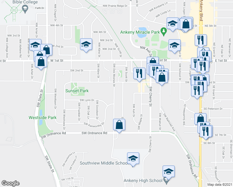 map of restaurants, bars, coffee shops, grocery stores, and more near 329 SW Des Moines St in Ankeny