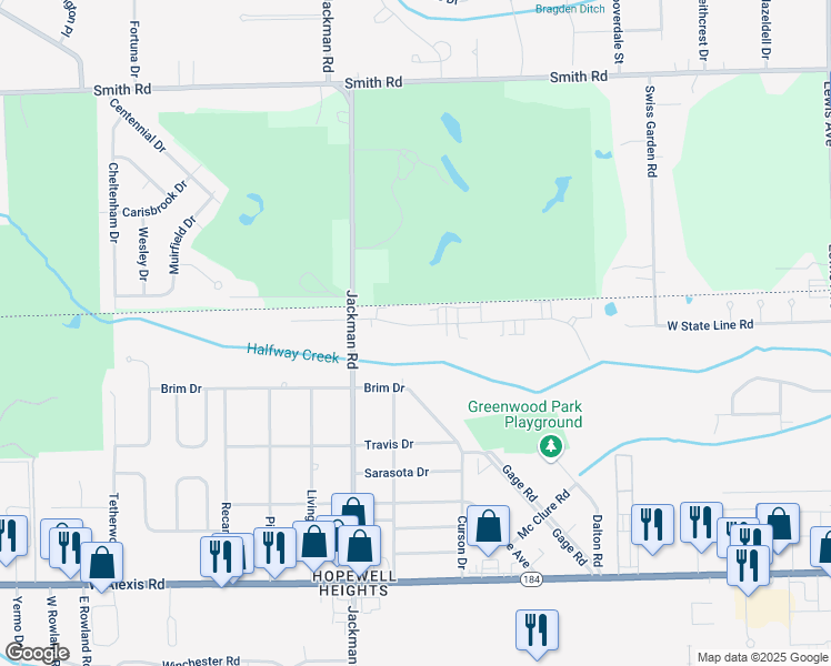 map of restaurants, bars, coffee shops, grocery stores, and more near 1561 Brooke Park Drive in Toledo