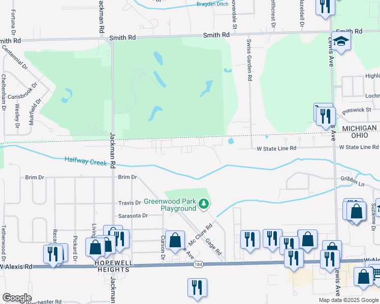 map of restaurants, bars, coffee shops, grocery stores, and more near 1411 Brooke Park Drive in Toledo
