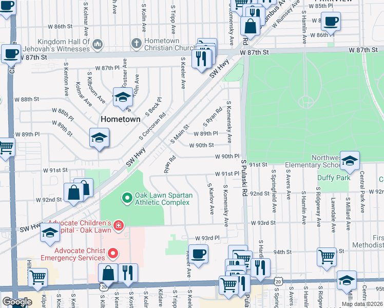 map of restaurants, bars, coffee shops, grocery stores, and more near 4150 West 90th Place in Hometown