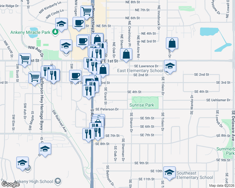 map of restaurants, bars, coffee shops, grocery stores, and more near 301 Southeast 4th Street in Ankeny