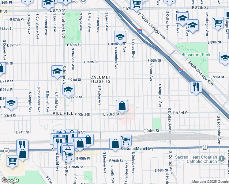 map of restaurants, bars, coffee shops, grocery stores, and more near 9146 South Crandon Avenue in Chicago