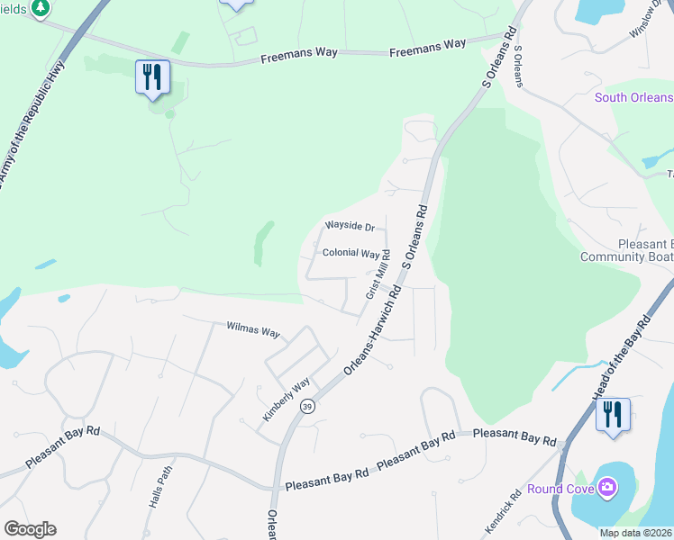 map of restaurants, bars, coffee shops, grocery stores, and more near 205 Wayside Road in Harwich