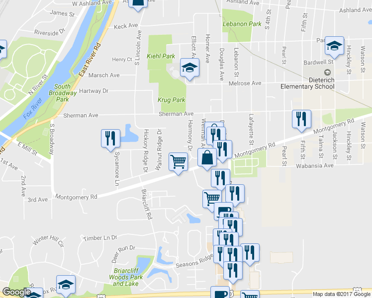 map of restaurants, bars, coffee shops, grocery stores, and more near 1017 Harmony Drive in Montgomery