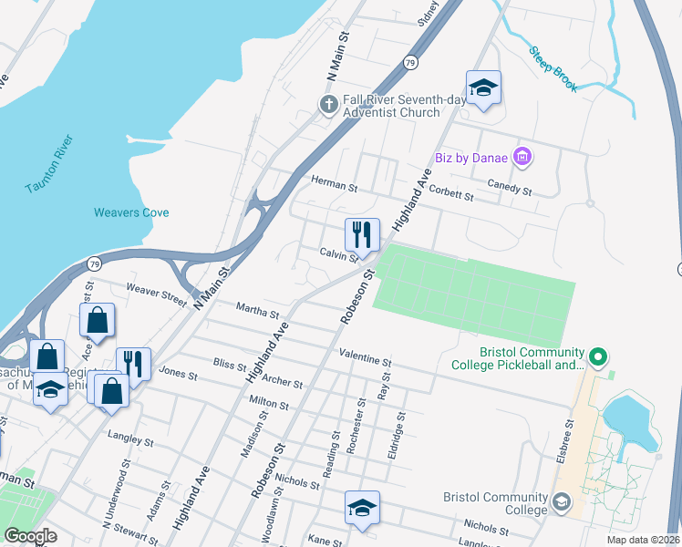 map of restaurants, bars, coffee shops, grocery stores, and more near 1886 Highland Avenue in Fall River