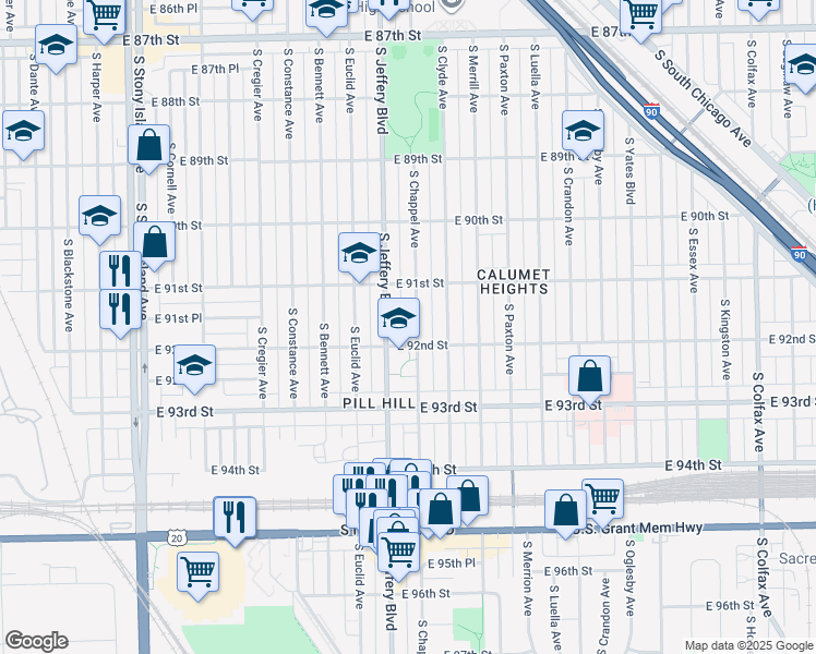 map of restaurants, bars, coffee shops, grocery stores, and more near 9142 S Chappel Ave in Chicago