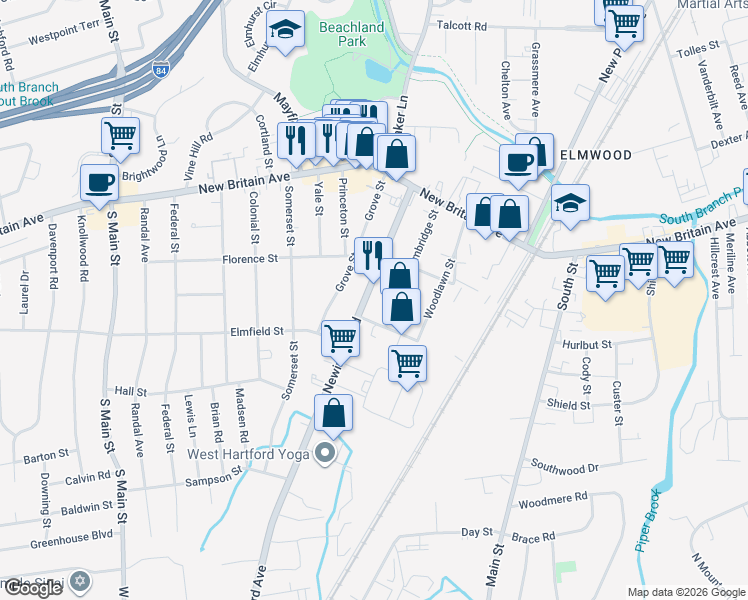 map of restaurants, bars, coffee shops, grocery stores, and more near 108 Newington Road in West Hartford