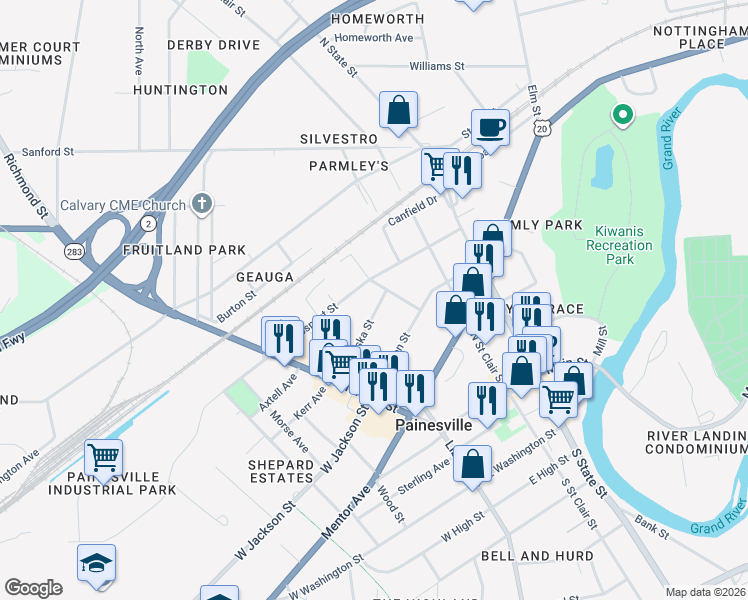 map of restaurants, bars, coffee shops, grocery stores, and more near 253 Courtland Street in Painesville