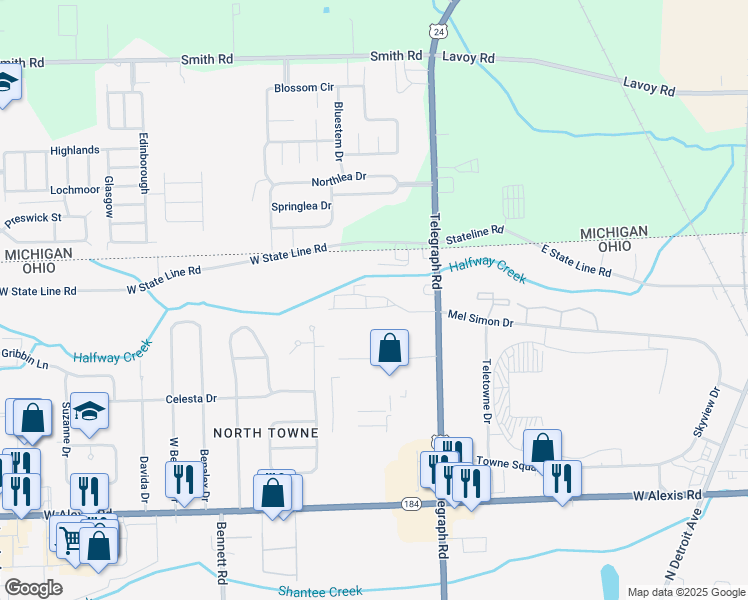 map of restaurants, bars, coffee shops, grocery stores, and more near 6125 Telegraph Rd in Toledo