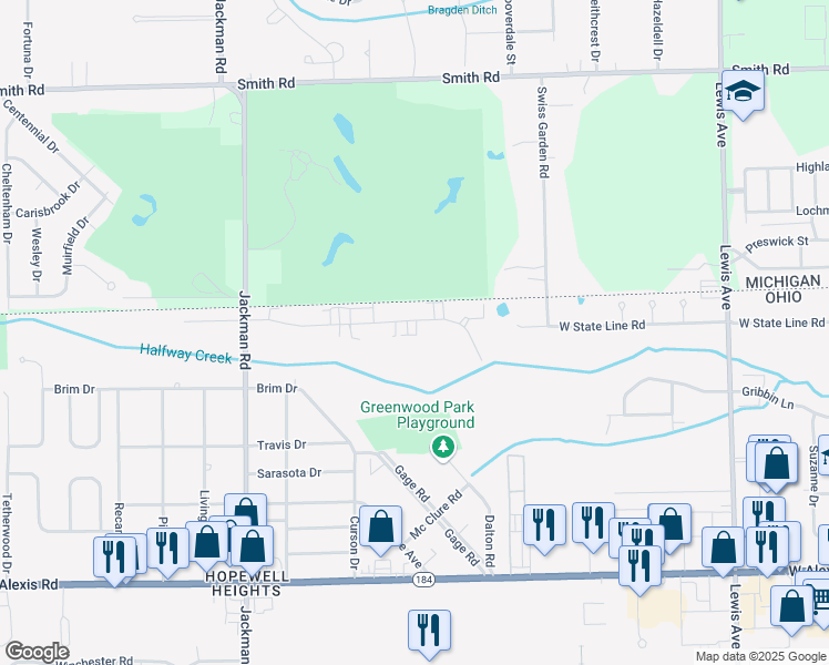 map of restaurants, bars, coffee shops, grocery stores, and more near 1411 Brooke Park Drive in Toledo