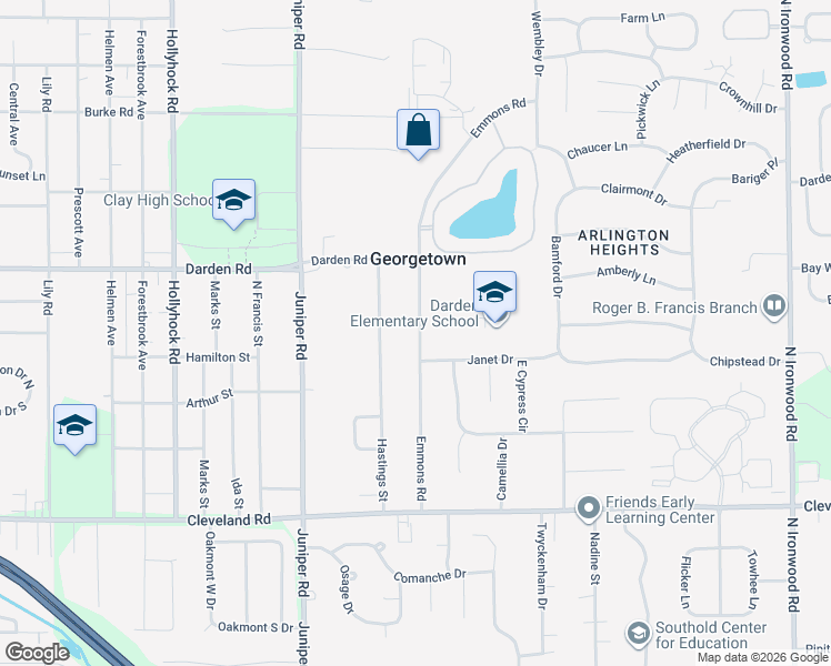 map of restaurants, bars, coffee shops, grocery stores, and more near 52649 Emmons Road in South Bend