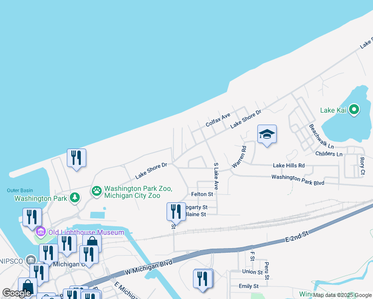 map of restaurants, bars, coffee shops, grocery stores, and more near 128 Prairie Avenue in Michigan City