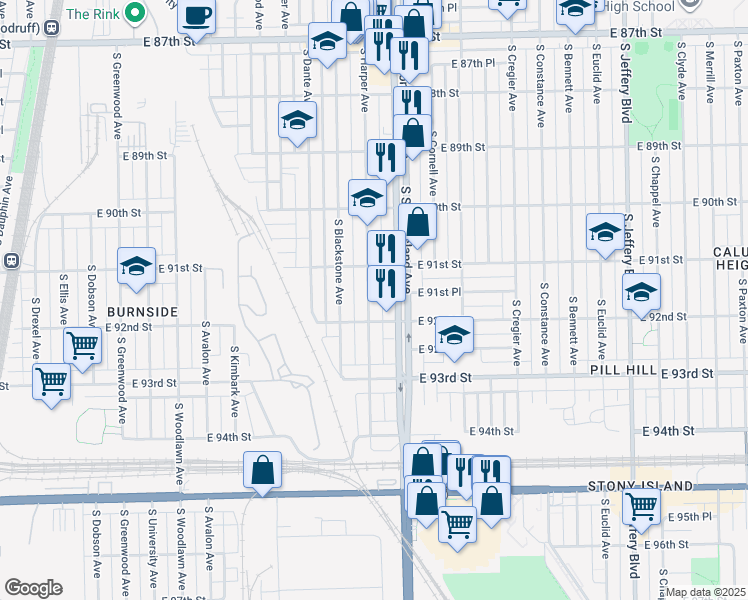 map of restaurants, bars, coffee shops, grocery stores, and more near 9137 South Harper Avenue in Chicago